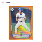 2026 Bowman Chrome 1st Seong-Jun Kim Orange #BCP-45 Refractor Rangers 14/25 shown on a white PAKRA background.
