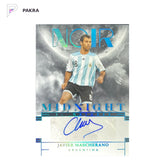 2024-25 Panini Noir Midnight Platinum Javier Mascherano Auto 1/1 messi shown on a white PAKRA background.