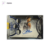 2025-26 Topps 3 Veteran Blue Victor Wembanyama GU Triple Relic Auto 5/15 shown on a white PAKRA background.