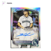 2025 Bowman Draft 1st Kade Anderson Refractor Auto on Card /499 shown on a white PAKRA background.