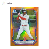 2026 Topps Bowman Chrome Orange #BCP-141 Justin Gonzales 1st 12/25 Red Sox shown on a white PAKRA background.