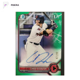 Chase Delauter 2022 Bowman Chrome 1st Green Refractor 47/99 Auto Autograph shown on a white PAKRA background.