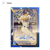 2024 Bowman Draft 1st Theo Gillen CHR Prospect Blue Refractor Auto 115/150 shown on a white PAKRA background.