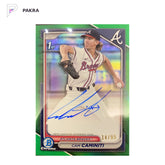 2024 Bowman Draft 1st Cam Caminiti Green REF CHR Prospect Auto Braves 14/99 shown on a white PAKRA background.