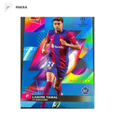 2023-24 Topps Finest UEFA Lamine Yamal RC Rookie Sky Blue /275 Spain shown on a white PAKRA background.