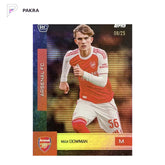 2025-26 Topps Arsenal Team Set Max Dowman RC Rookie Orange Refractor /25 shown on a white PAKRA background.