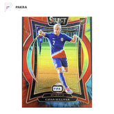 2024-25 Panini Select FIFA Cavan Sullivan RC Rookie Tie-Dye Prizm /25 USA shown on a white PAKRA background.