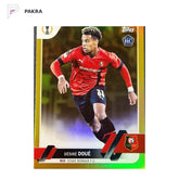2022-23 Topps UEFA Club Competitions Desire Doue RC Rookie Gold Foil /50 shown on a white PAKRA background.