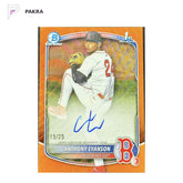 2025 Bowman Draft 1st Anthony Eyanson Chrome Auto Orange Wave Refractor /25 shown on a white PAKRA background.