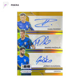 2026 Prizm Triple Auto 3/3 Ivan Perisic,Pasilic ,Josko Gvardiol ,True Gold shown on a white PAKRA background.