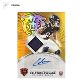 2025 Topps Chrome Colston Loveland Gold 19/50 RC Rookie Patch Auto Bears shown on a white PAKRA background.