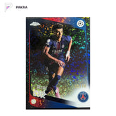 2025-26 Topps Chrome UEFA Desire Doue Black Speckle Refractor /10 shown on a white PAKRA background.