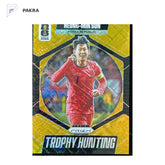 Heung-Min Son 2026 Prizm Trophy Hunting Lattice Gold 7/10 jersey number #13 shown on a white PAKRA background.