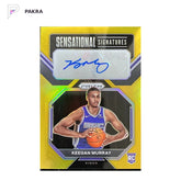 2022-23 Panini Prizm Keegan Murray RC Rookie Sensational Auto Gold 07/10 shown on a white PAKRA background.