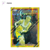1996-97 Topps Finest Reggie Miller Gold Atomic Refractor #141 w/coating shown on a white PAKRA background.