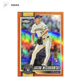 2026 Topps Chrome Jacob Misiorowski RC Rookie True Orange Refractor 6/25 shown on a white PAKRA background.