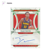 2021-22 Panini National Treasures Trae Young Penmanship Auto Green 1/5 shown on a white PAKRA background.