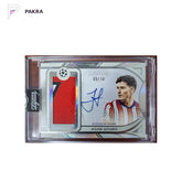 2025 Topps Dynasty UEFA Soccer Card Julian Alvarez /10 Patch Auto #APV-JA3 shown on a white PAKRA background.