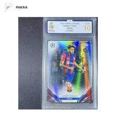 2024 Topps Chrome UEFA Lamine Yamal RC #64 Prism Refractor MGC 10 FC Barcel shown on a white PAKRA background.