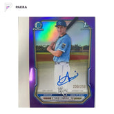 2026 Topps Bowman Chrome Angeibel Gomez 1st Auto Purple Refractor 230/250 shown on a white PAKRA background.
