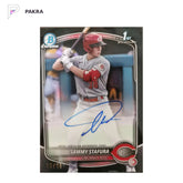 2025 Bowman Chrome 1st Bowman Sammy Stafura Auto 10/10 true black Reds shown on a white PAKRA background.