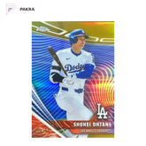 2026 Topps Chrome Shohei Ohtani Rivals Gold 34/50 #RVH-25 Dodgers shown on a white PAKRA background.