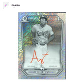 2026 Topps Bowman Chrome Rubel Arias 1st Black White Shimmer Red Ink Auto shown on a white PAKRA background.