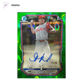 2026 Topps Bowman Chrome Francisco Renteria 1st Auto Green Lava REF 15/99 shown on a white PAKRA background.