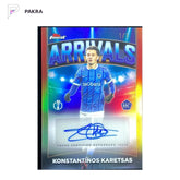 2025-26 Topps Finest UCC Konstantinos Karetsas RC Arrivals Auto Red 1/5 shown on a white PAKRA background.