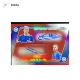 2025-26 Topps Chrome UCC Konstantinos Karetsas RC Rookie Dual Auto Red 2/5 shown on a white PAKRA background.