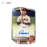 2025 Topps Bowman Chrome Prospect Auto Josuar Gonzalez 1st #CPA-JD Giants shown on a white PAKRA background.