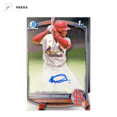 2025 Topps Bowman Chrome Prospect Auto Rainiel Rodriguez 1st #CPA-RR shown on a white PAKRA background.
