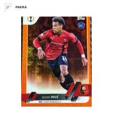 2022-23 Topps Chrome UEFA Japan Desire Doue #48 RC Rookie Orange Mojo /25 shown on a white PAKRA background.