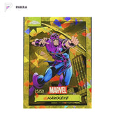 2024 Topps Chrome Marvel Sapphire #49 Hawkeye Gold Refractor /50 shown on a white PAKRA background.