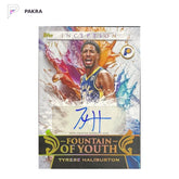 2025-26 Topps Inception Tyrese Haliburton Fountain Of Youth Auto 1/1 Pacers shown on a white PAKRA background.