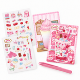 KAYOU My Little Pony DIY sticker craft sample contents: two sticker sheets, two cards and pink tweezers on a white background. Designs are random.