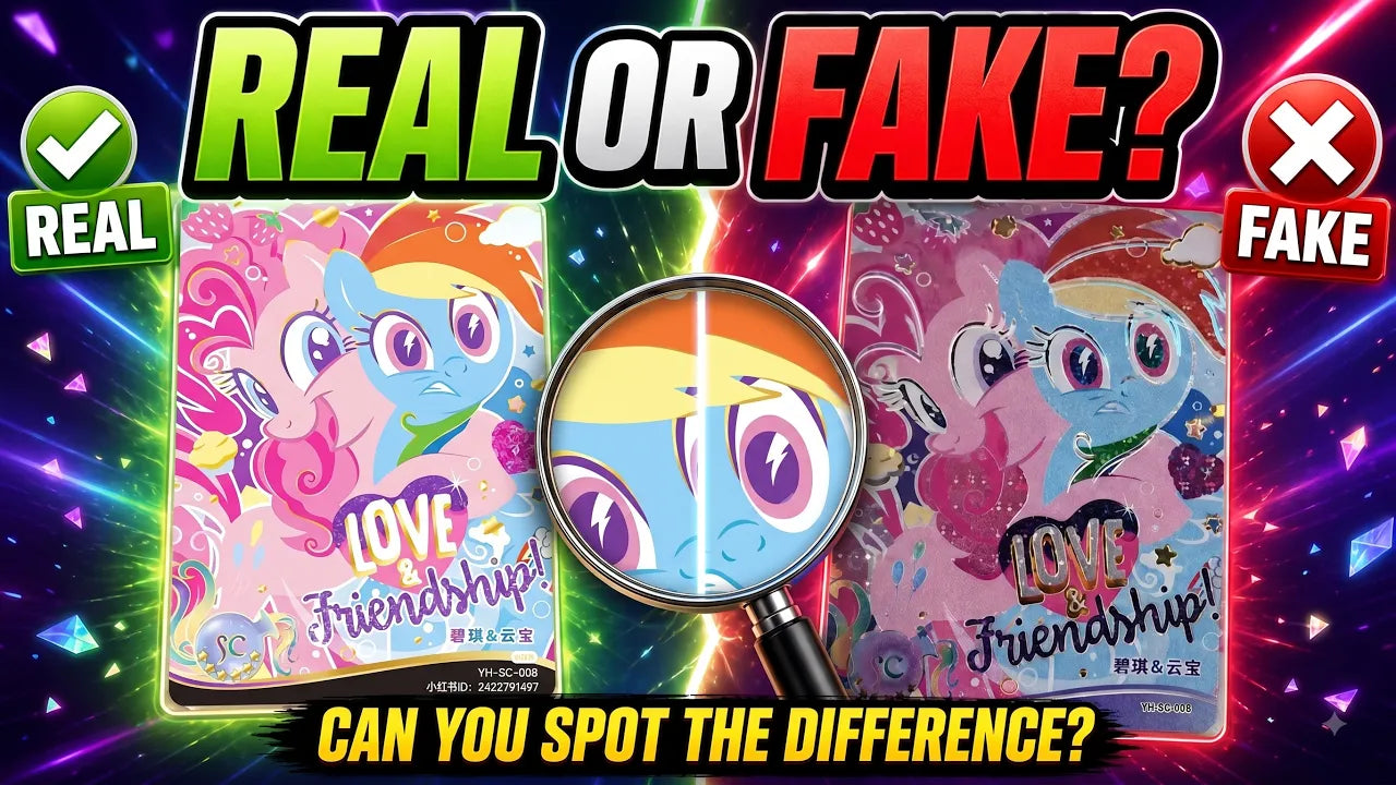 Real or fake KAYOU My Little Pony card comparison from the original video