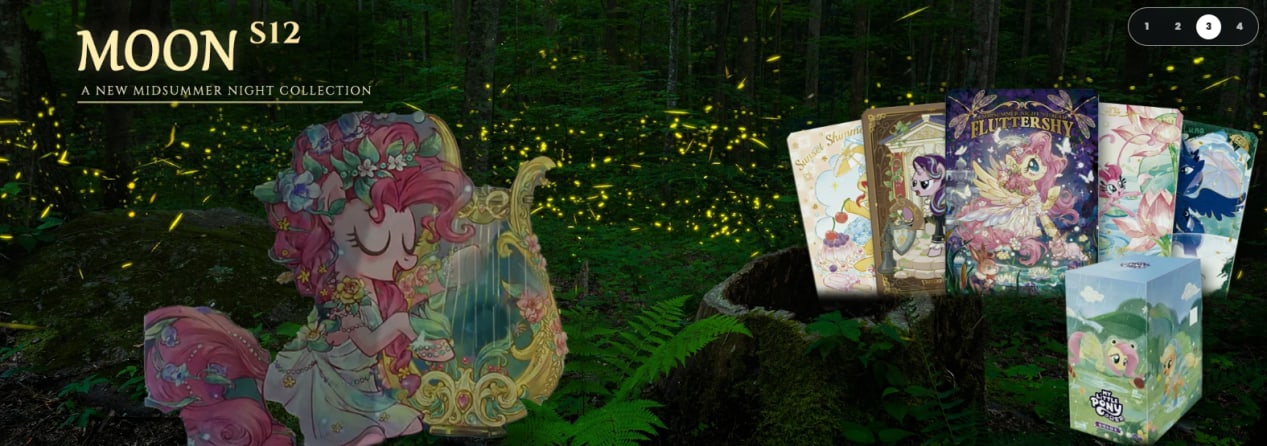 KAYOU Moon S12 Midsummer Night collection artwork with Fluttershy, cards and a display box