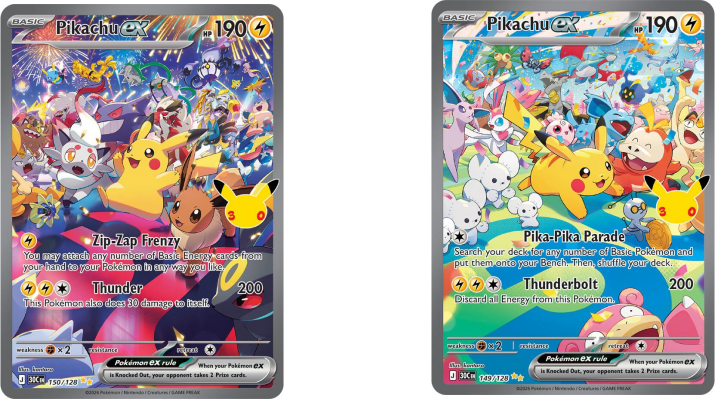 Day and night Pikachu ex cards from Pokémon 30th Celebration