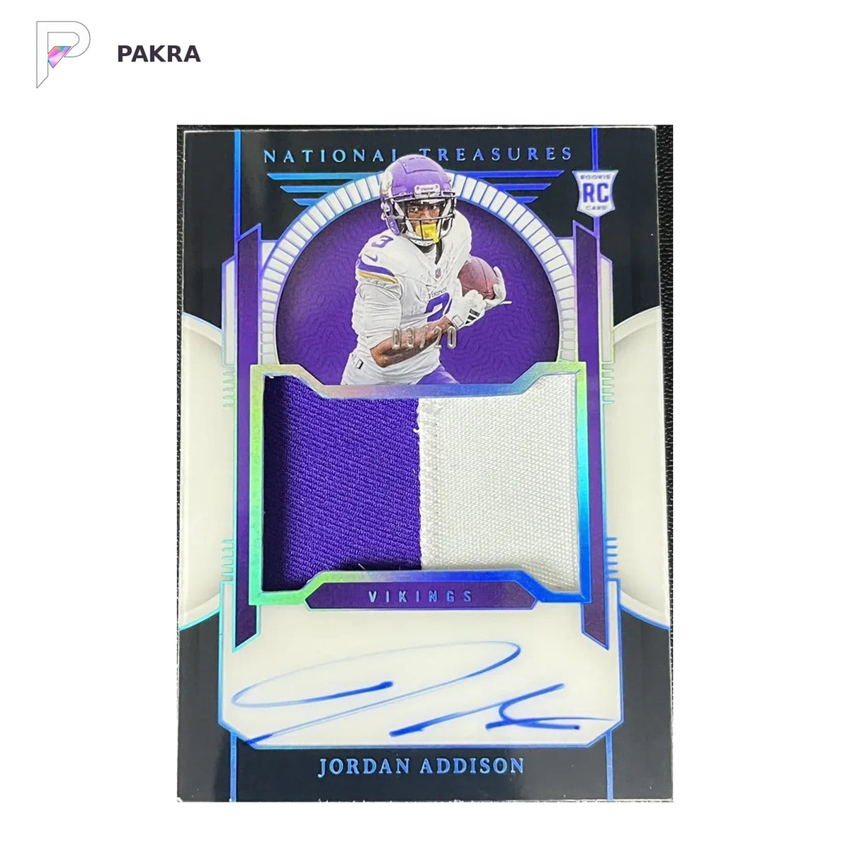 Jordan Addison 2023 Panini National NFL 3/20 RC Patch Auto RPA Black #176 -HD shown on a white PAKRA background.