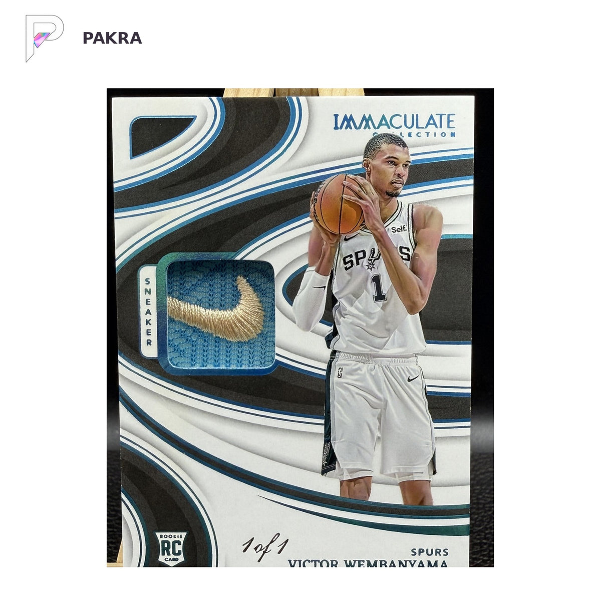 Victor Wembanyama 2023-24 Immaculate Collection Rookie Nike Sneaker 1/1 SSP Hit shown on a white PAKRA background.
