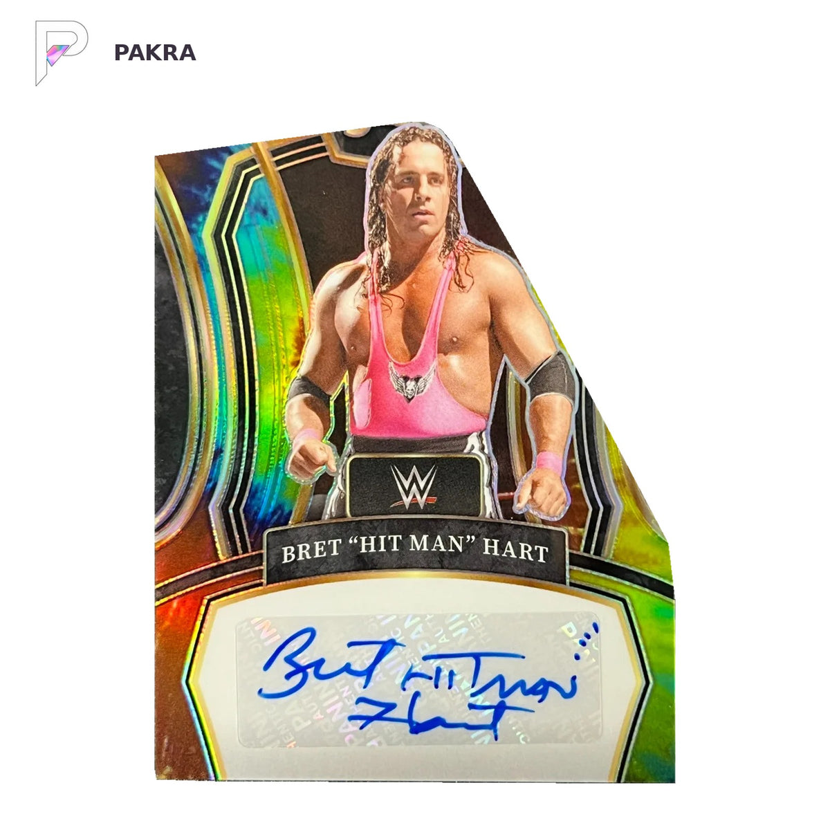 2024 Panini SELECT WWE Tie-Dye Prizms Auto #LS-HMH Bret Hit Man Hart 14/25 -NH shown on a white PAKRA background.