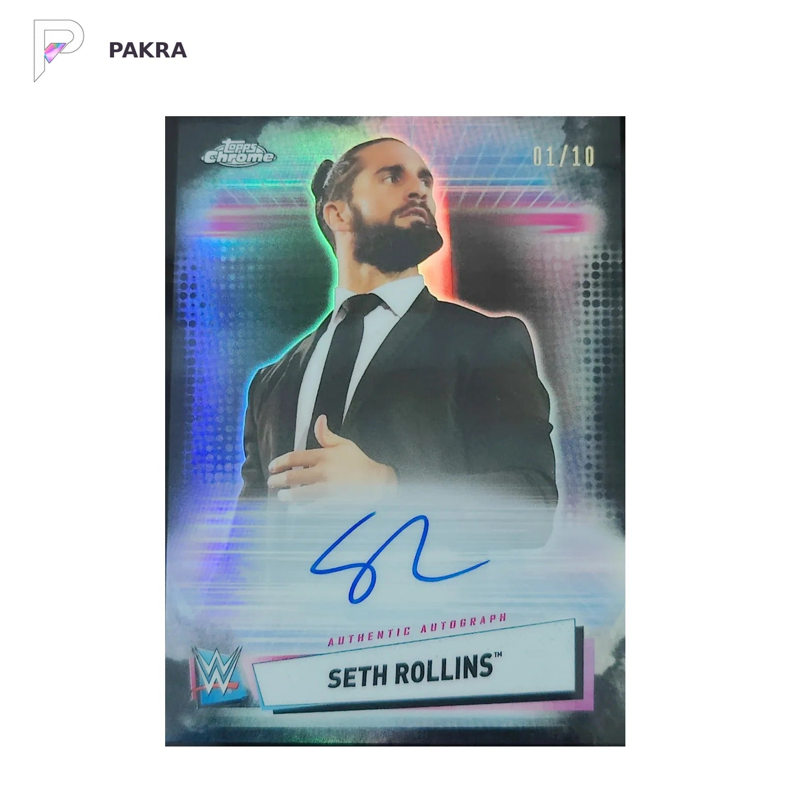 2021 Topps Chrome WWE Roster Autographs Black #A-SR Seth Rollins SSP 01/10 -NH shown on a white PAKRA background.