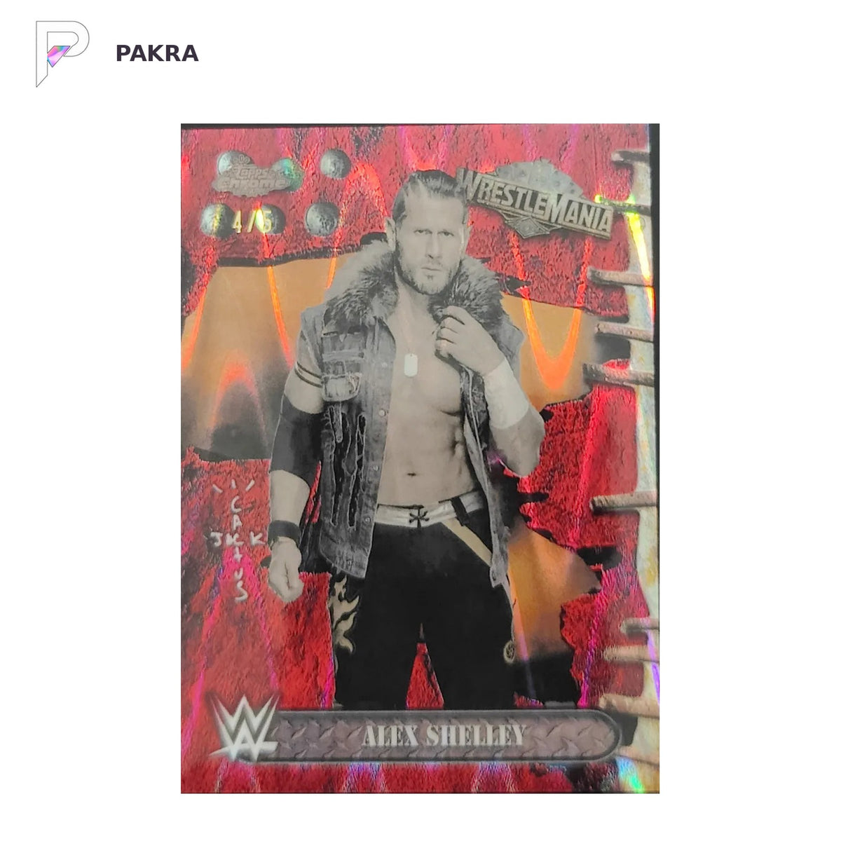 2025 Topps Chrome WWE Cactus Jack Red Ray Wave Refractor Alex Shelley 4/5 -XMG shown on a white PAKRA background.