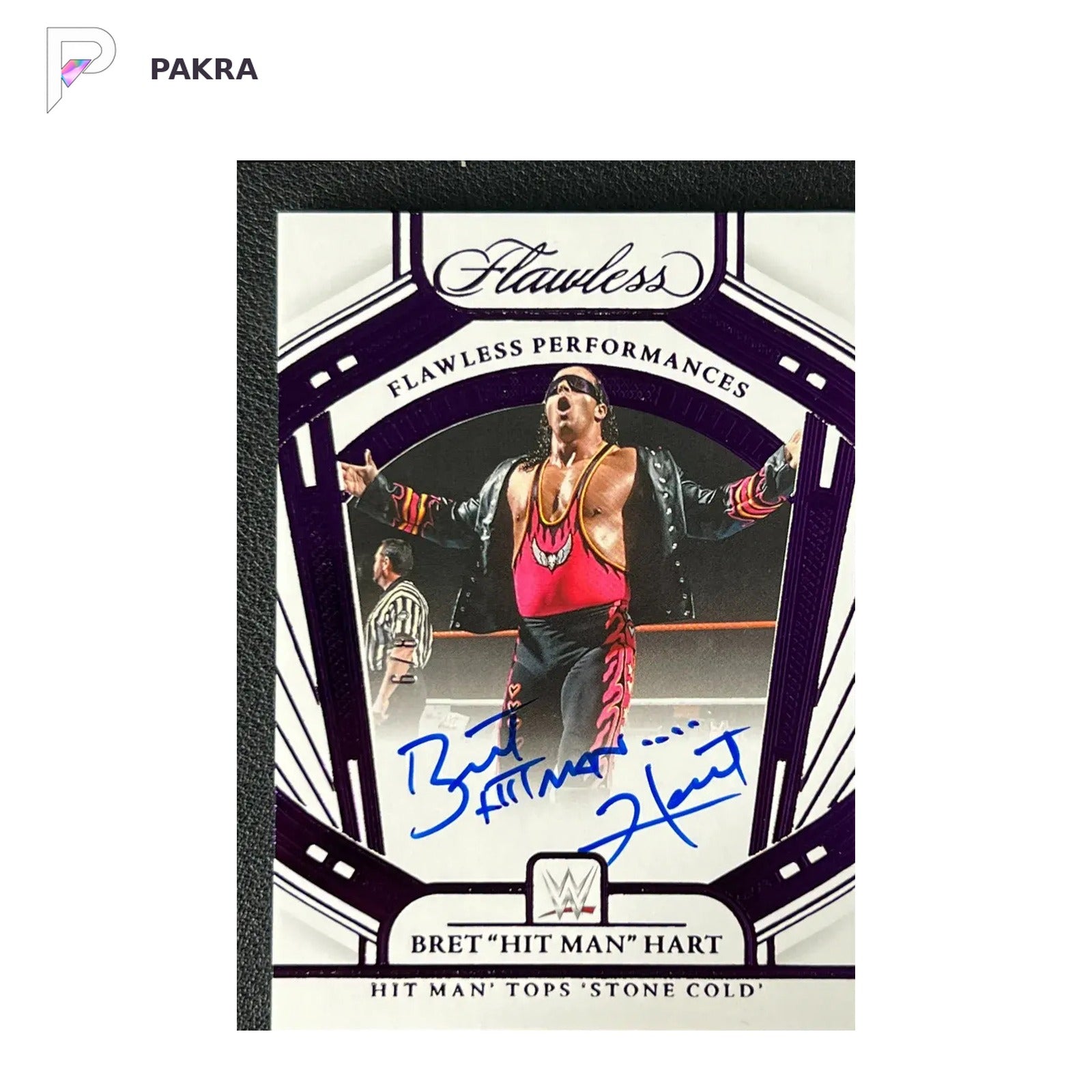 2024 Panini Flawless WWE Autograph #FP-BHM Bret Hit Man Hart Purple 8/9 -NH shown on a white PAKRA background.