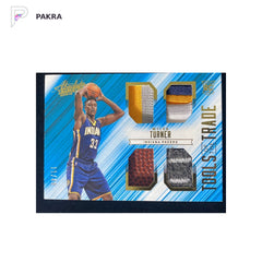 2015-16 Absolute Tools of the Trade Myles Turner RC Rookie Quad PW Patch 11/49 shown on a white PAKRA background.