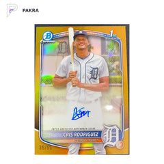 2025 Topps Bowman Chrome Cris Rodriguez 1st Gold Refractor Auto /50 shown on a white PAKRA background.