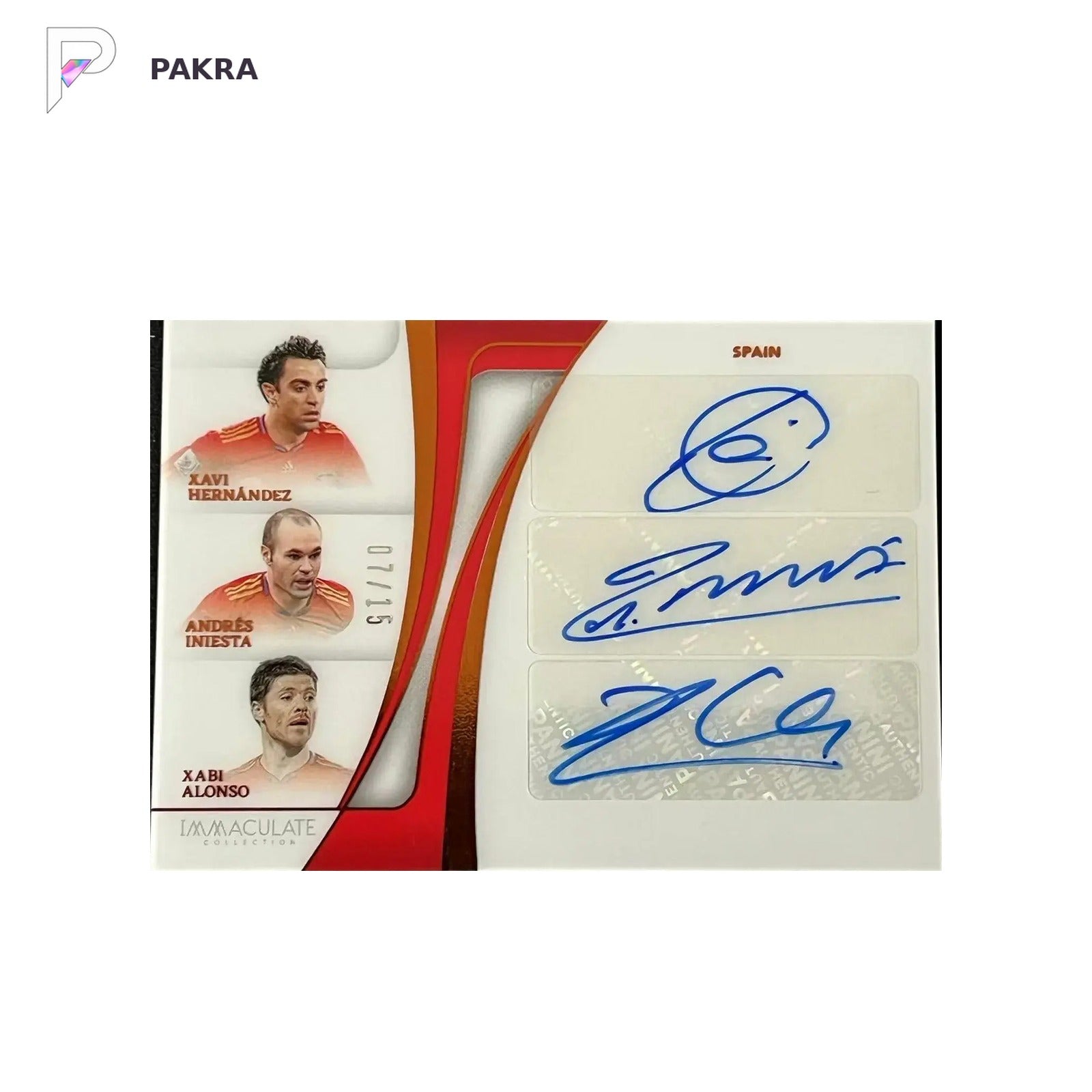 24-25 Immaculate Triple Auto Xavi Hernandez Andres Iniesta Xabi Alonso /15 AWGGE shown on a white PAKRA background.