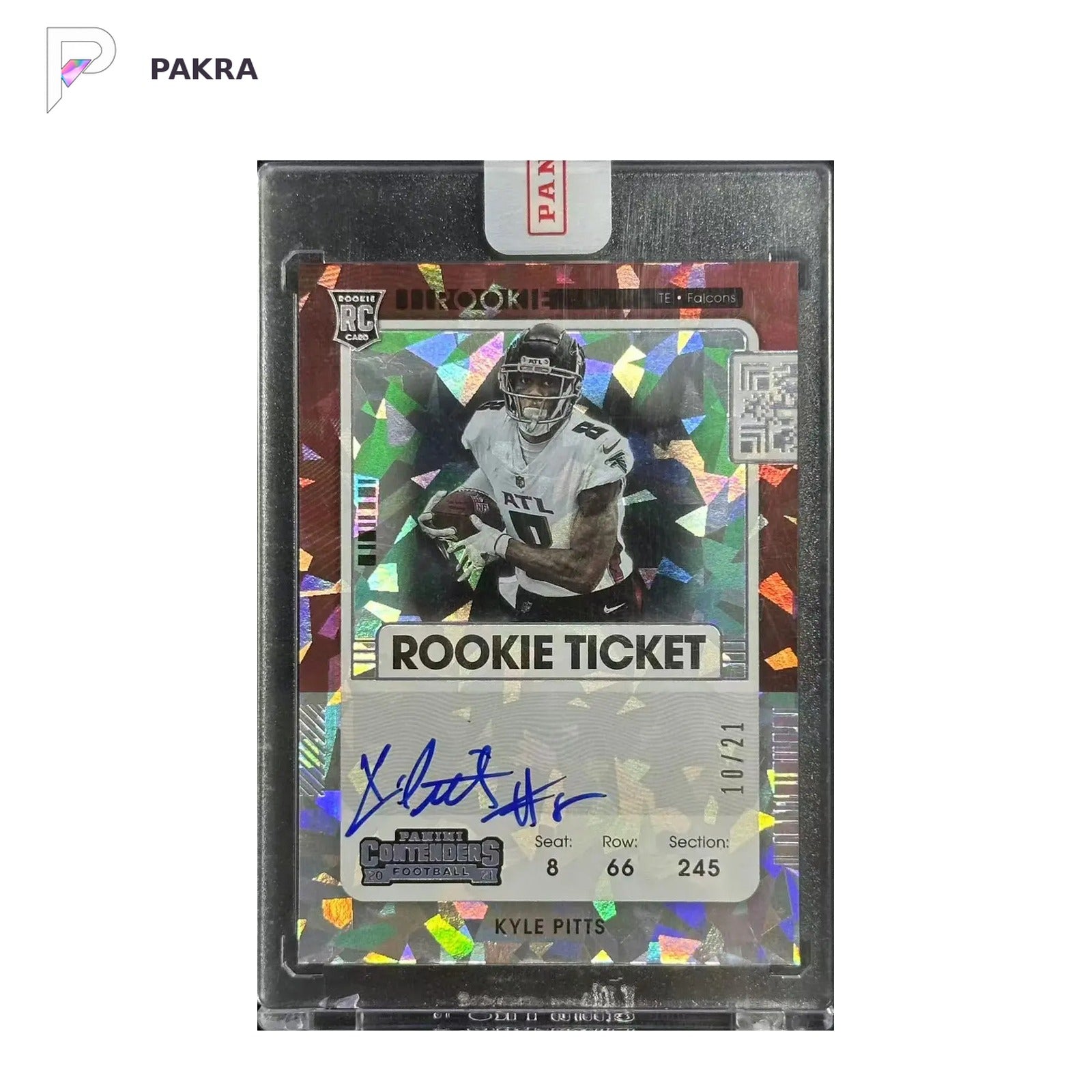 2021 Contenders Football RC Kyle Pitts Cracked Ice Vae AUTO 10/21 HD shown on a white PAKRA background.
