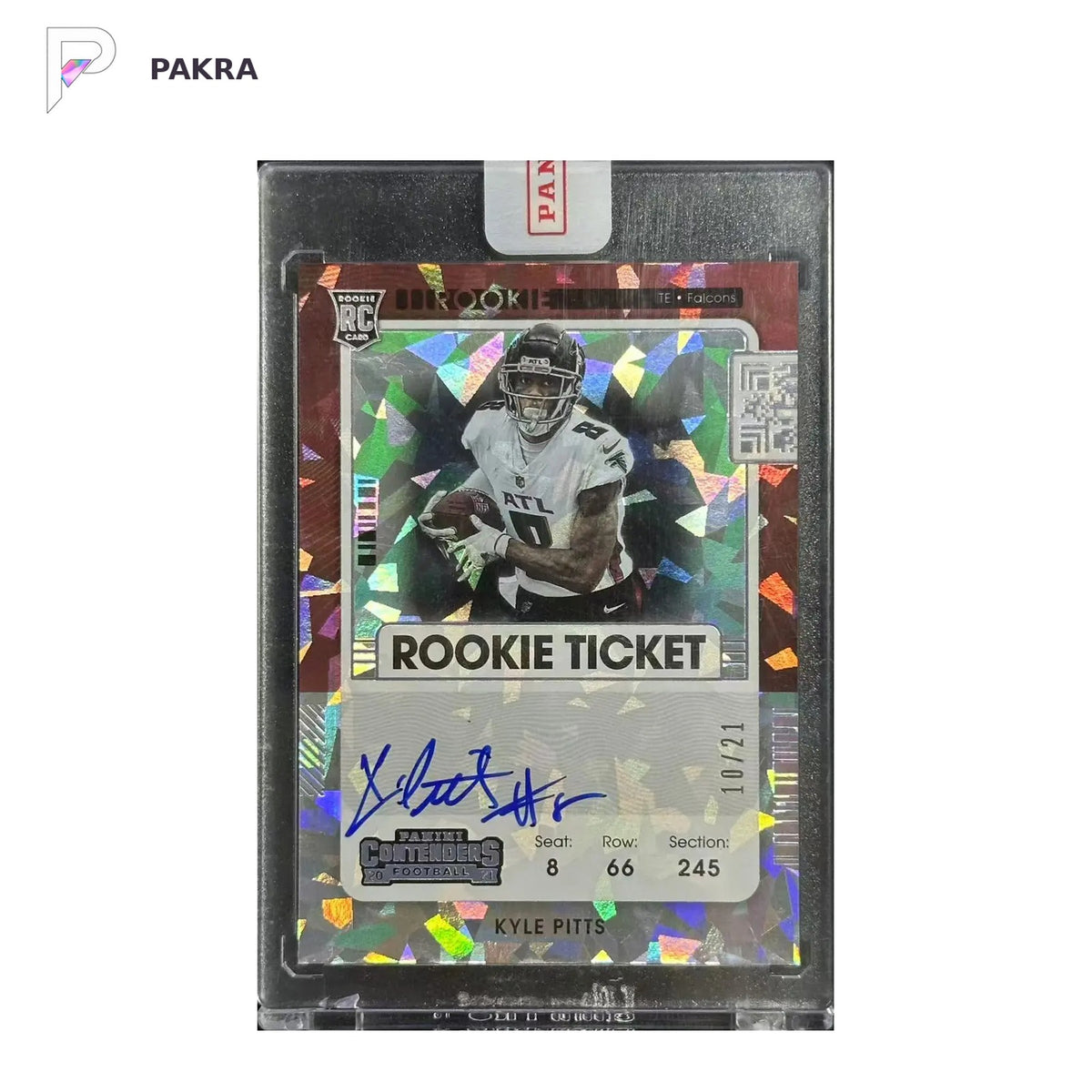 2021 Contenders Football RC Kyle Pitts Cracked Ice Vae AUTO 10/21 HD shown on a white PAKRA background.